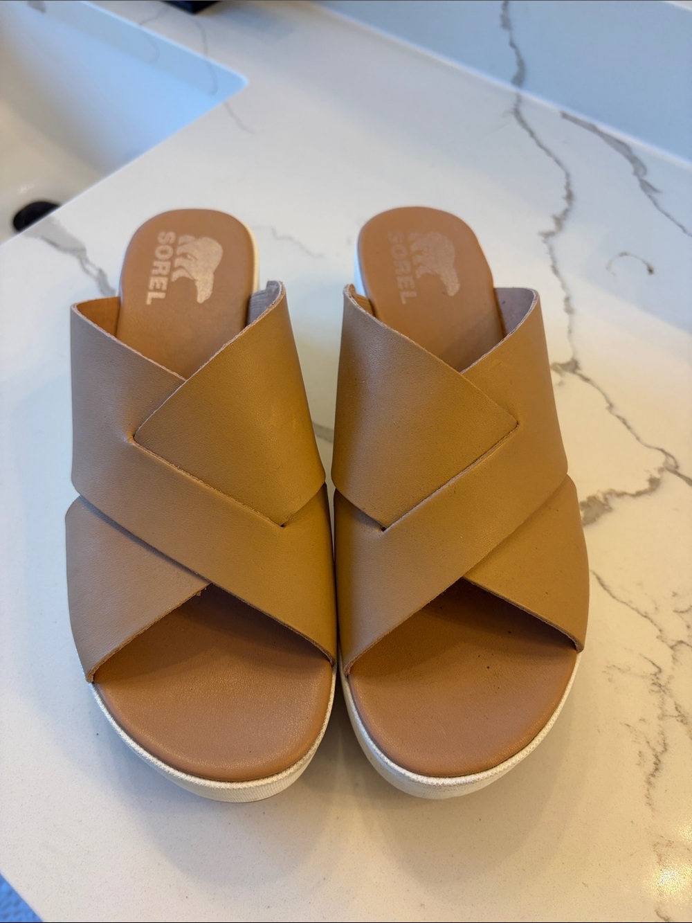 Sorel Tan Crisscross Mule Slides